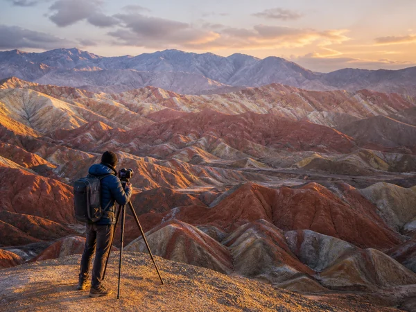 Travel photographer capturing Zhangye Danxia at sunrise