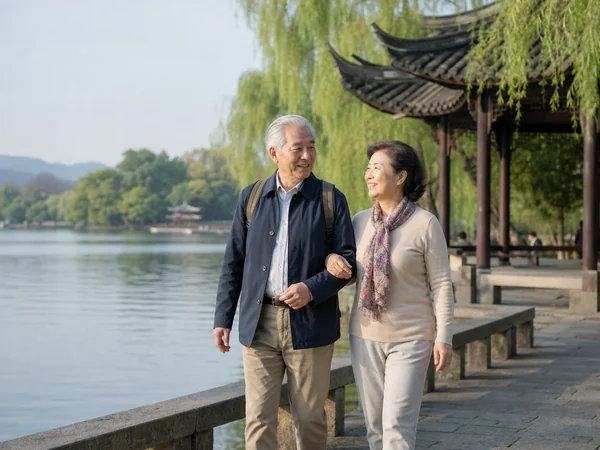 Senior couple enjoying an accessible walk at West Lake