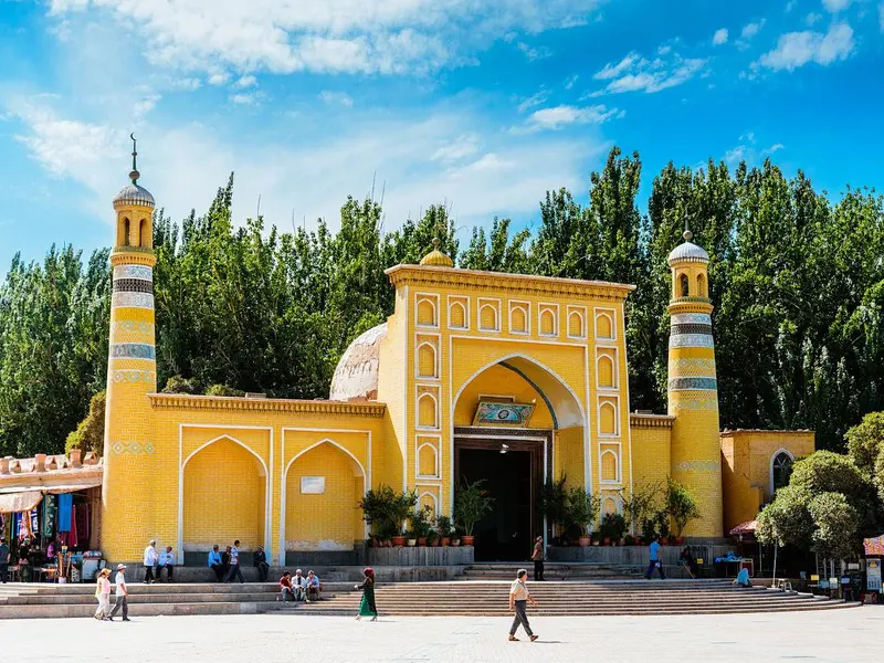 Historic mosque with golden minarets in western China