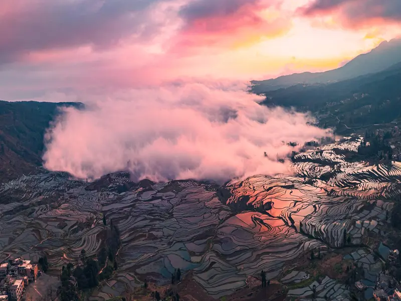 Sunrise over a snow mountain landscape in China