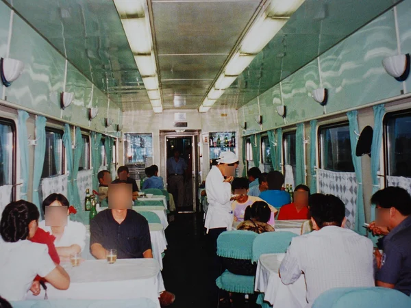 Dining car interior on a long-distance passenger train in China Dining car interior on a long-distance passenger train in China