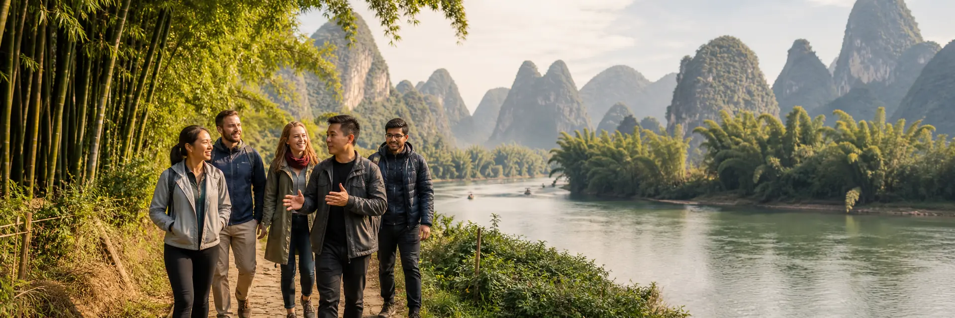 International expat travelers exploring Yangshuo in China