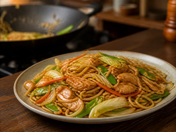 Wok-tossed Chinese noodles with chicken and seasonal vegetables