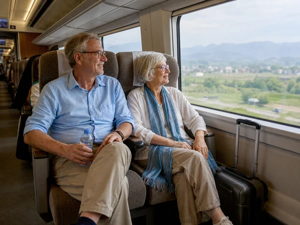 Older travelers seated comfortably inside a daytime high-speed train in China