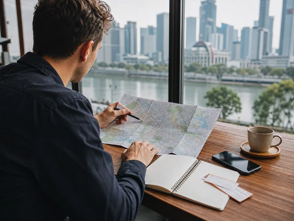 Traveler comparing China route options with a map and notebook Traveler comparing China route options with a map and notebook