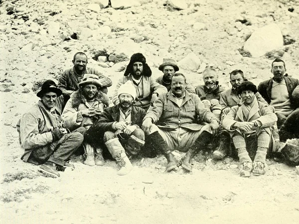 Historic real photograph of an early Everest expedition support team Historic real photograph of an early Everest expedition support team