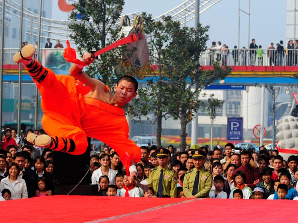 Wushu practitioners demonstrating formal martial-arts movements