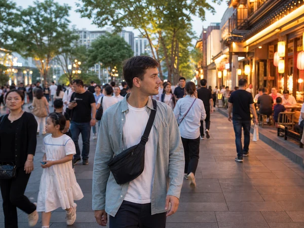 Traveler using a zipped crossbody bag on a busy pedestrian street in China at dusk
