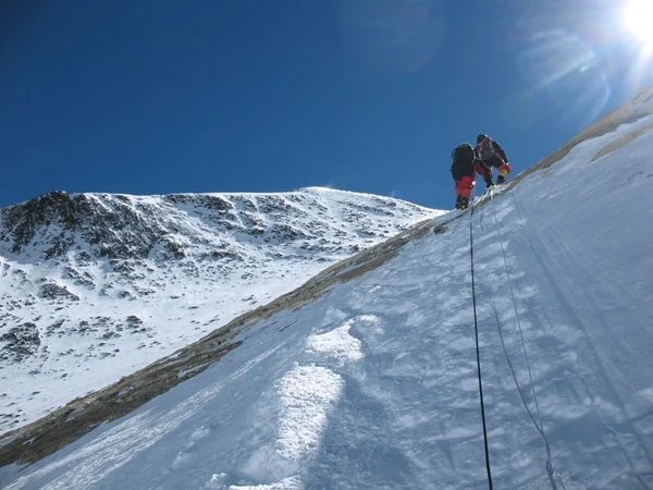 Everest climber descending carefully through the high-altitude zone