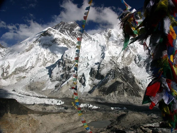 Close view of the Everest summit beside neighboring Himalayan peaks