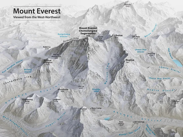 Relief map of the north-side terrain and approach around Mount Everest