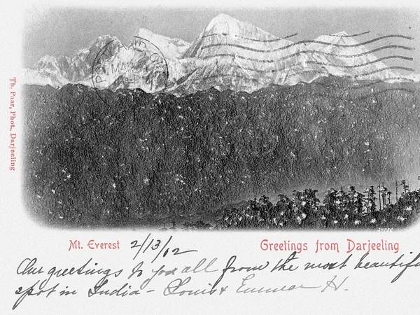 Mount Everest postcard prepared for mailing with a postal stamp Mount Everest postcard prepared for mailing with a postal stamp