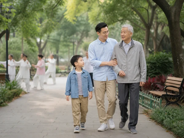 Three generations walking together in a Chinese city park Three generations walking together in a Chinese city park