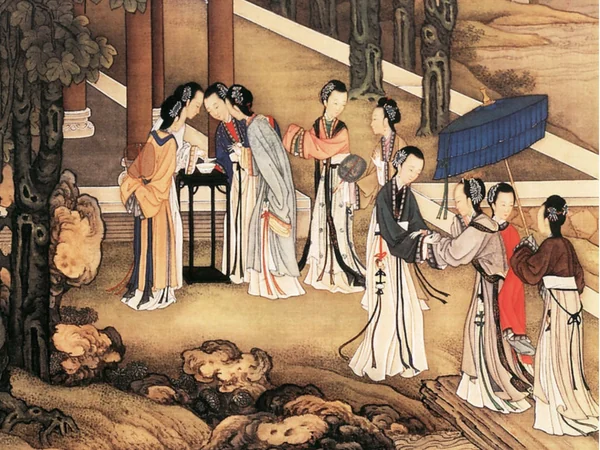 Women depicted in a historical painting of the Qixi Festival