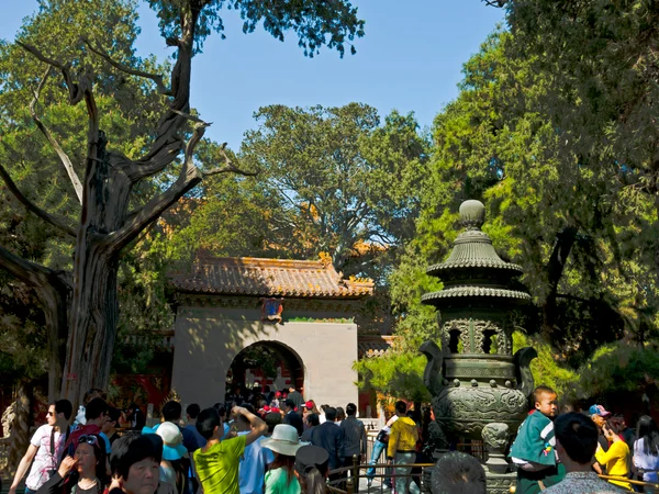 Visitors near a gateway in the Imperial Garden of the Forbidden City