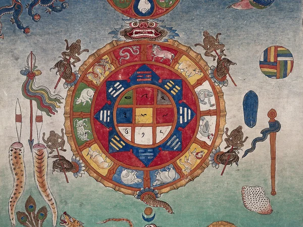 Painted Tibetan medical teaching chart with accompanying script Painted Tibetan medical teaching chart with accompanying script