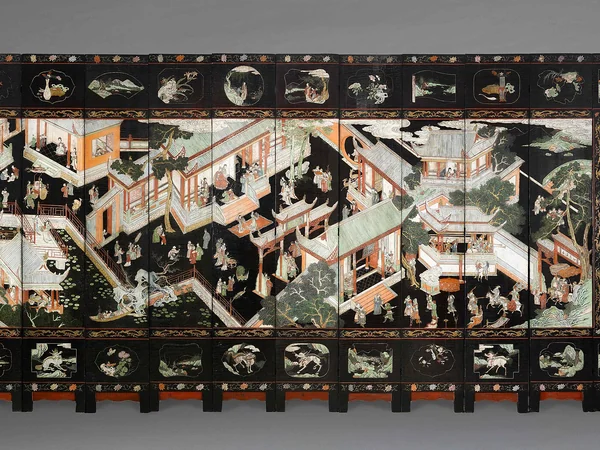 Kangxi-period painted black lacquer folding screen showing a birthday celebration