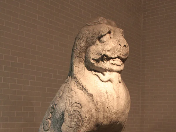 Carved stone guardian lion in China