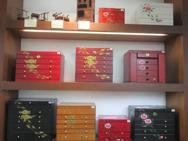 Handmade Chinese wooden jewelry boxes showing lids and joinery