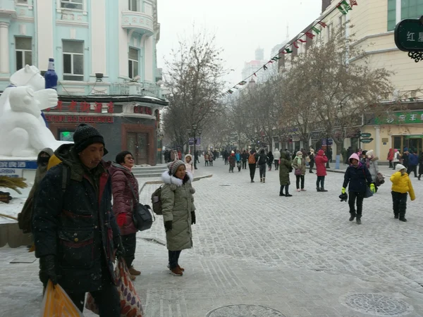 Winter visitors walking on Central Street in Harbin
