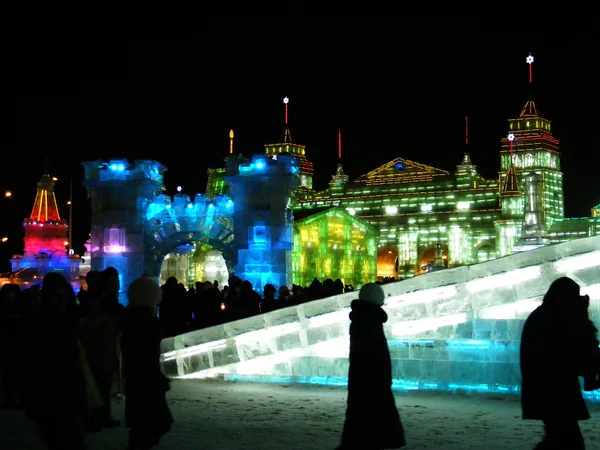 Illuminated ice buildings at Harbin Ice and Snow World