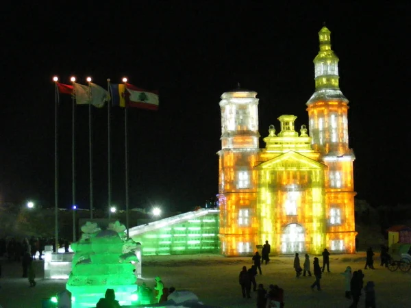 Visitors walking through Harbin Ice and Snow World