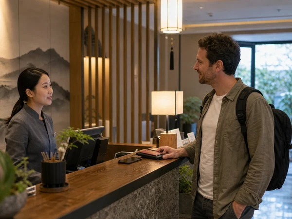 Traveler greeting a hotel reception staff member while checking in