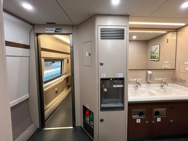 Toilet and washroom compartment on a modern CR400 high-speed train in China Toilet and washroom compartment on a modern CR400 high-speed train in China