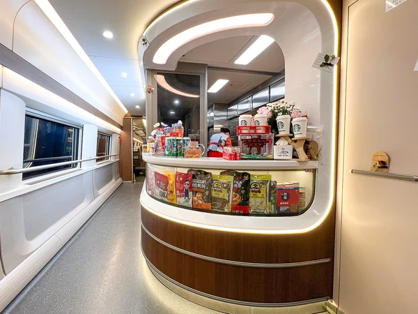 Dining and service area inside a Chinese high-speed train Dining and service area inside a Chinese high-speed train