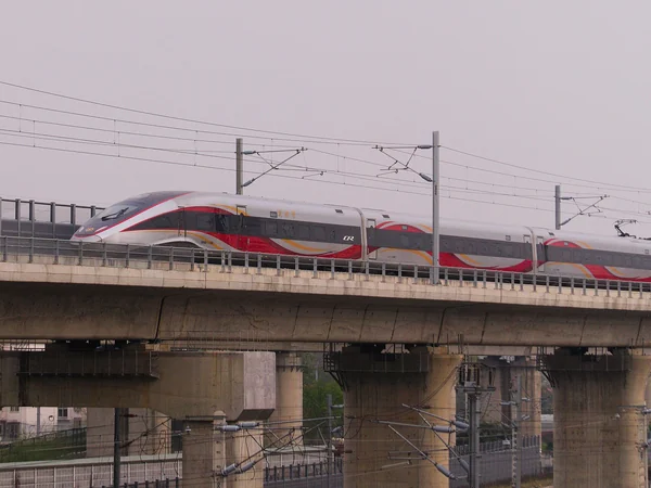 A high-speed train traveling on a long-distance railway corridor in China