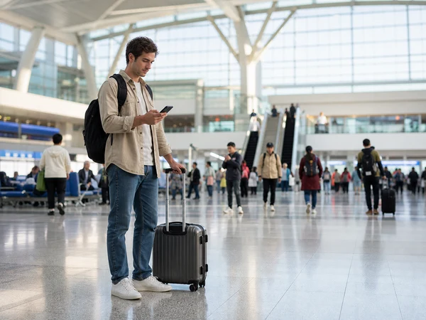 Independent traveler checking a route in a modern Chinese railway station Independent traveler checking a route in a modern Chinese railway station