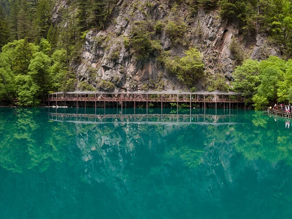 Visitors walking beside the lakes of Jiuzhaigou