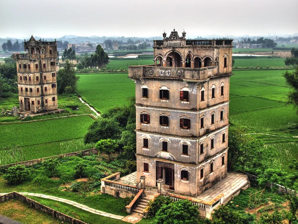 Kaiping diaolou and village landscape near Jiangmen