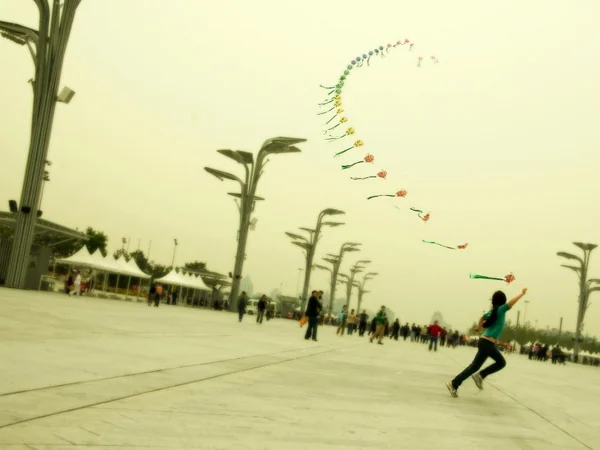 People flying kites in an open park in China