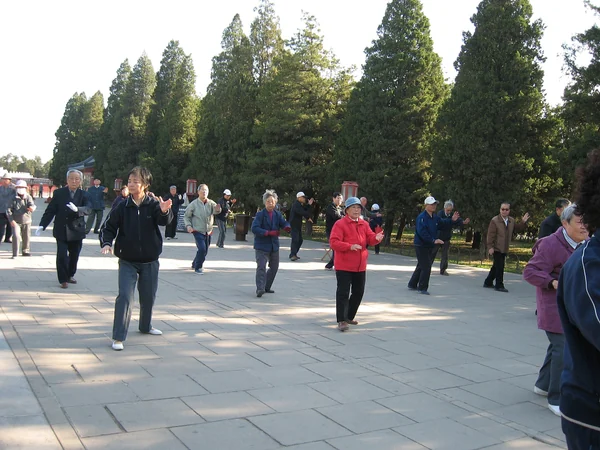 Group practicing tai chi in a Chinese park
