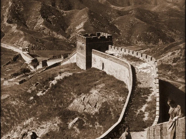 Historic photograph of masonry and towers on the Great Wall of China