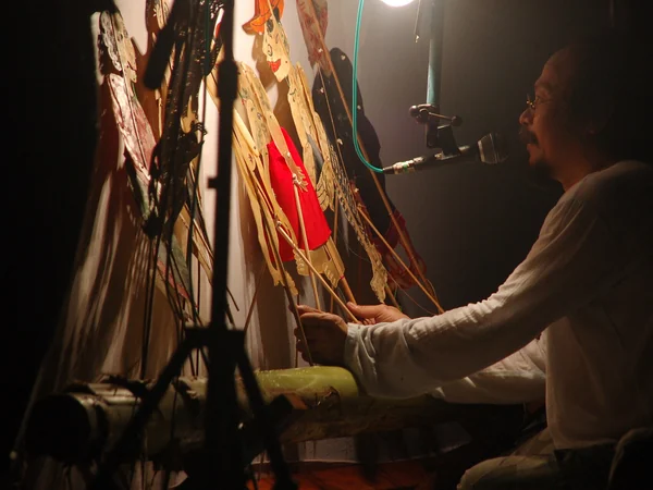A puppeteer operating figures behind a shadow-play screen