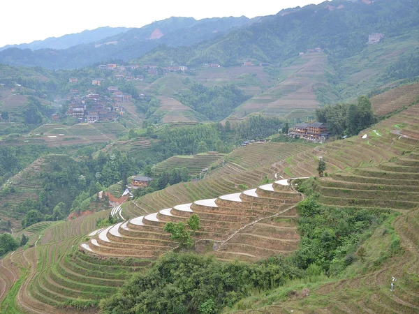 Layered rice terraces and village houses at Longji, Guangxi