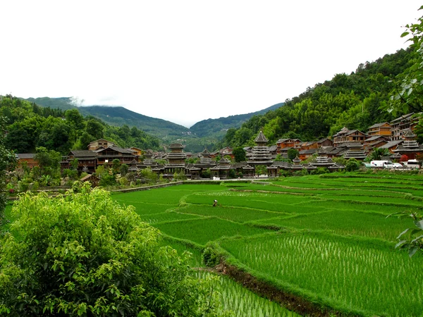 Drum towers and timber houses in Zhaoxing Dong village, Guizhou