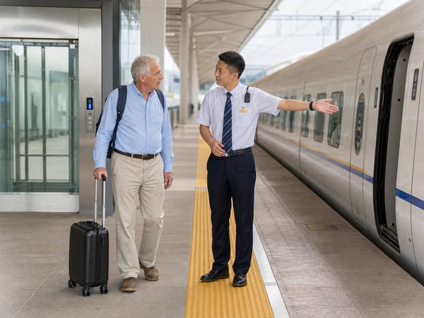 Station staff guiding an older traveler to a high-speed train carriage in China