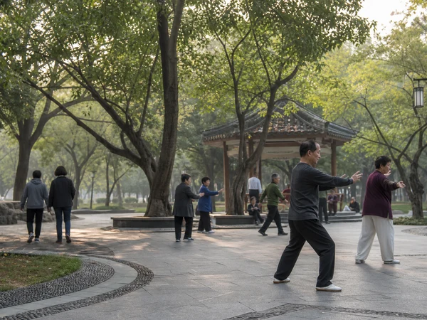 Residents exercising and walking in a Chinese city park in the morning