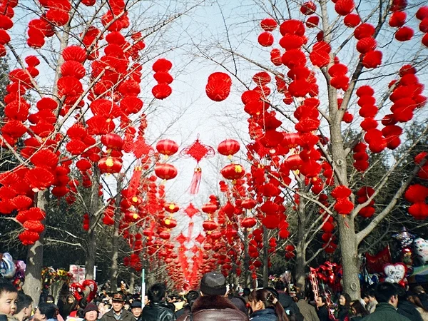 A temple fair decorated for Chinese New Year in northern China
