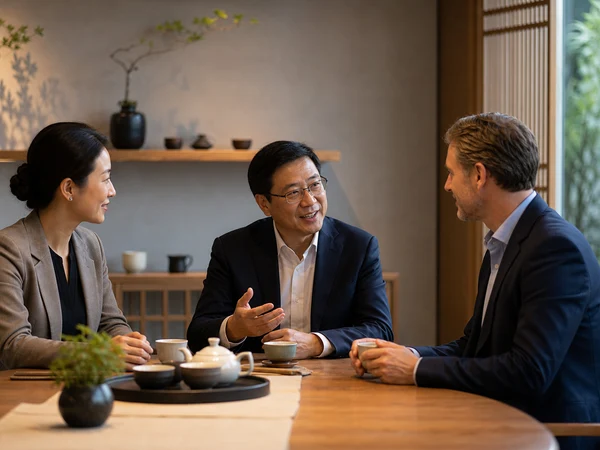 Chinese colleagues and an international visitor building trust over tea Chinese colleagues and an international visitor building trust over tea