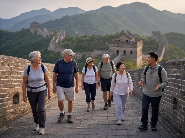 Older travelers hiking together with a local guide on the Great Wall of China