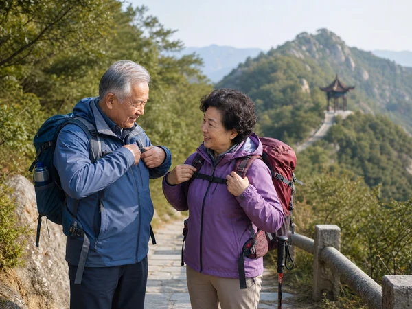Older hikers checking layered clothing and daypacks on a mountain trail in China