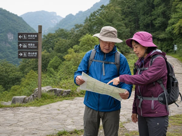 Older traveler and local guide reviewing a trail map before hiking in China
