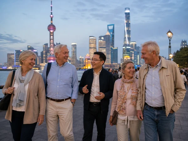 Older travelers enjoying an evening walk with a local host on Shanghai Bund Older travelers enjoying an evening walk with a local host on Shanghai Bund