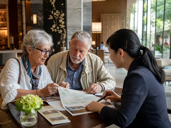 Older travelers reviewing a China itinerary with a local travel adviser Older travelers reviewing a China itinerary with a local travel adviser