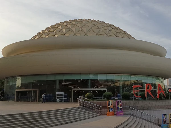 Exterior of Shanghai Circus World beside its landscaped plaza