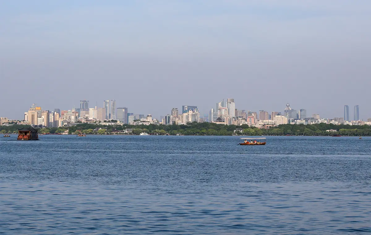 West Lake with the Hangzhou skyline in the distance